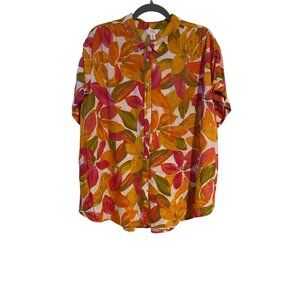 Time And Tru Shirt Women XXL Multicolor Button Up Top Leaf Floral Casual NWOT